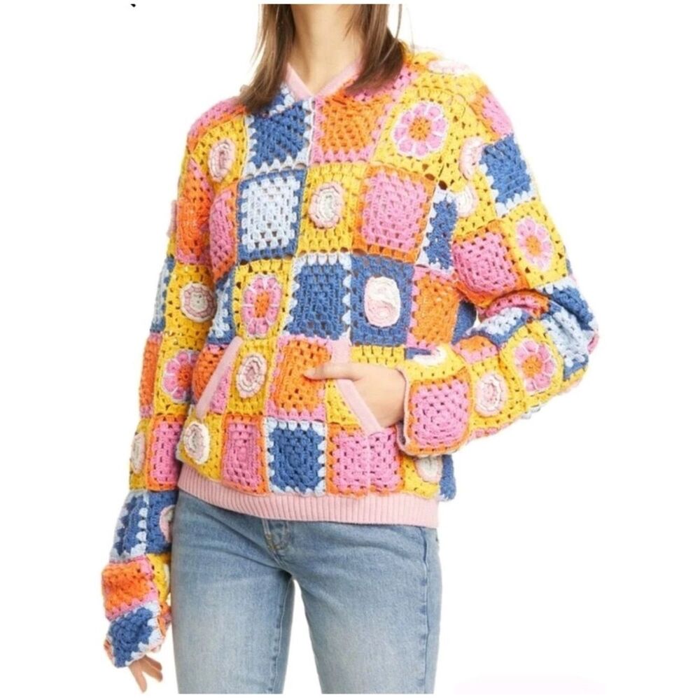 STAUD Calla Colorblock Crochet Patchwork  Sweater Hoodie Sz XS